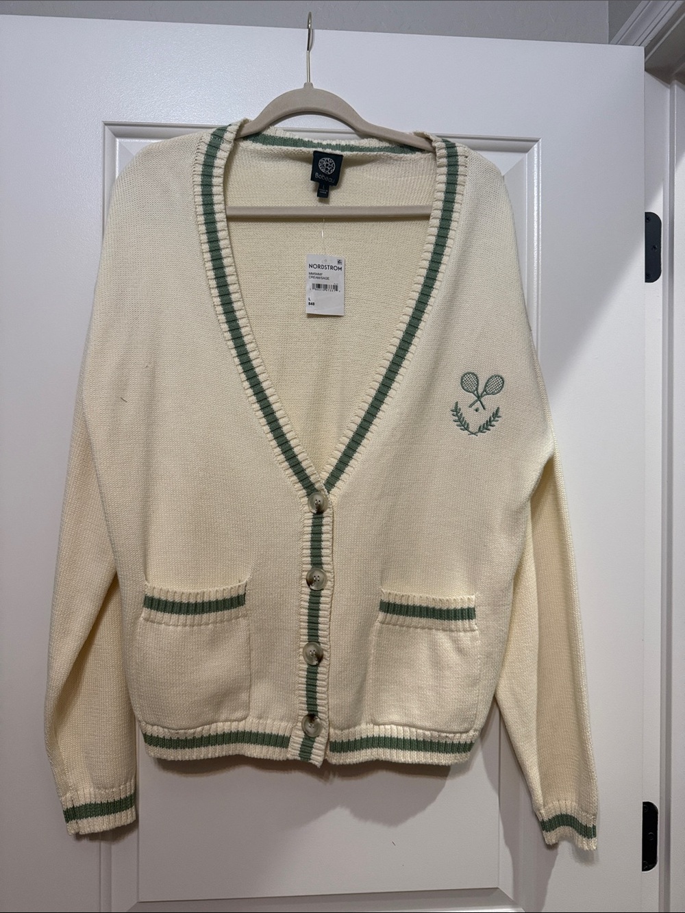bobeau Cream Cardigan with Green Trim and Tennis Racket Embroidery